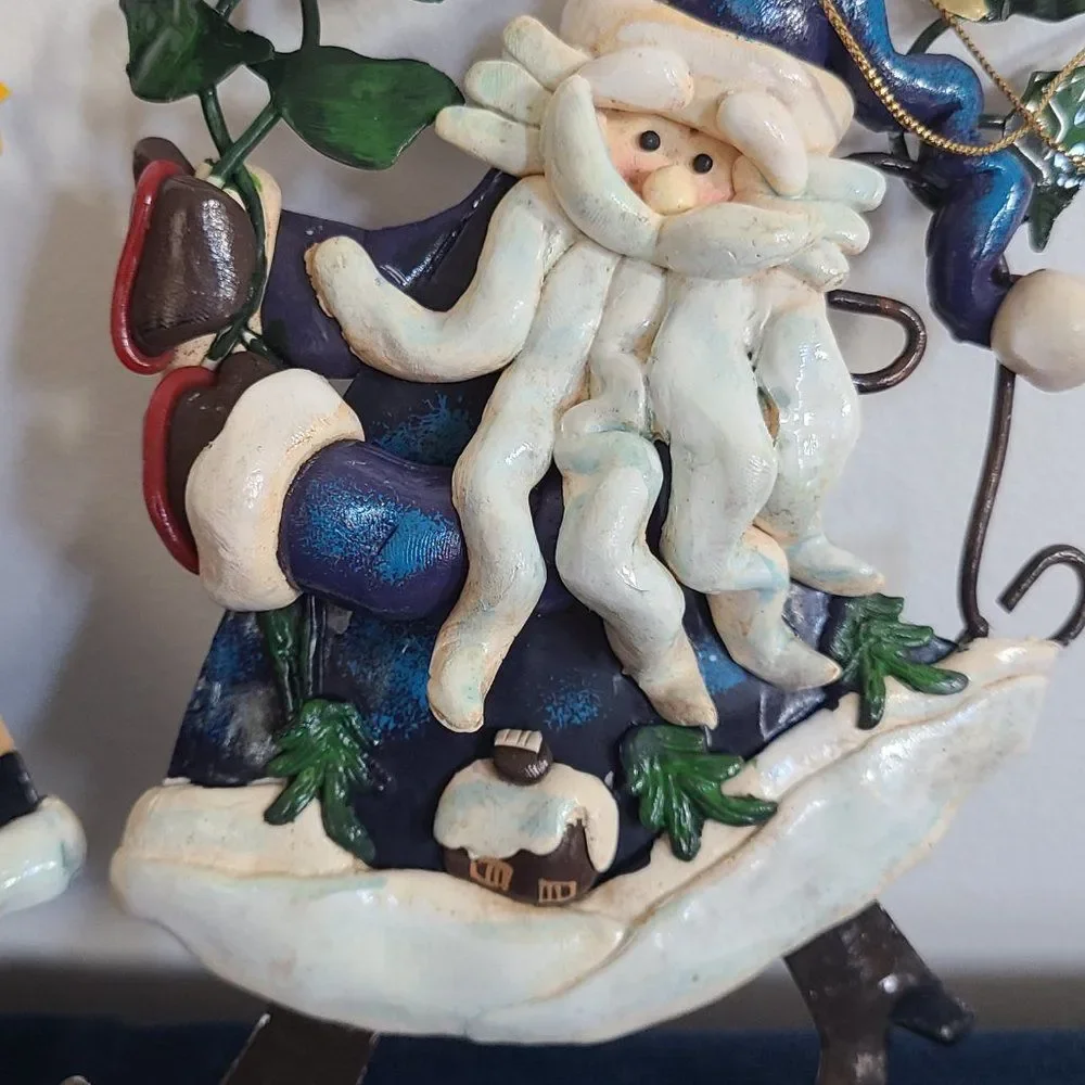 Large Metal & Clay Santa Claus & Snowman Winter Christmas Holiday Ornaments VTG